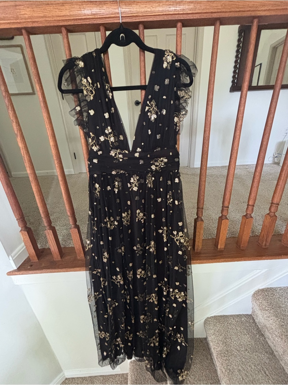 Baltic Born Black Maxi Dress with Gold Floral Embroidery